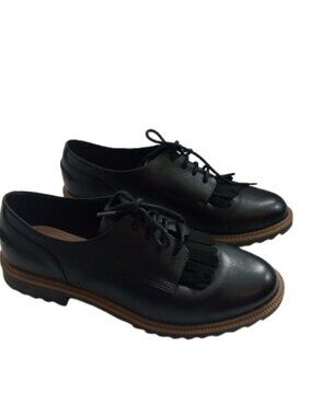 Clarks Womens Griffin Mabel Lace Up Kiltie Oxford Loafer Black Leather 7.5 M